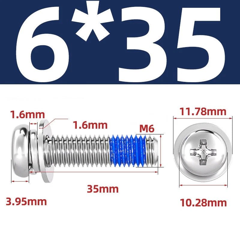 A2 Stainless Steel Phillips Pan Head Machine Screws with Flat & Spring Washers — M2 to M10 - HomeDIYer