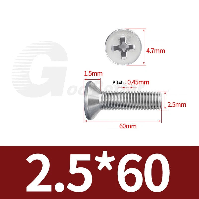M1–M3.5 Phillips Countersunk Machine Screws – 304 Stainless Steel, Fully Threaded (3–120mm Overall Length)