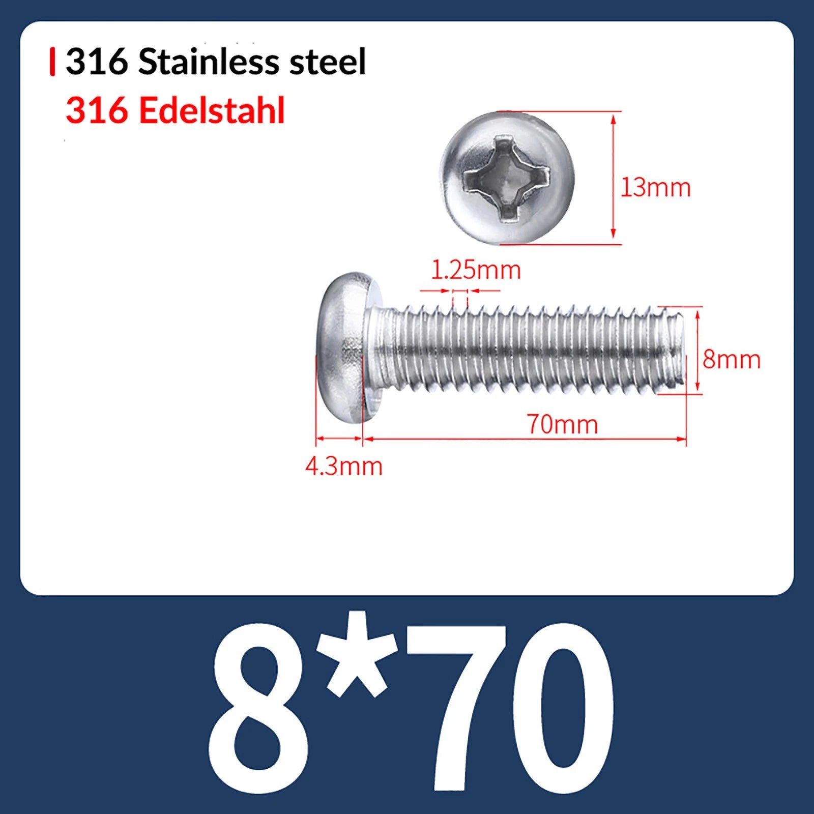 M2 M3 M4 M5 M6 M8 A4 Stainless Steel Phillips Pan Head Machine Screws – DIN 7985, Fully Threaded (4–80mm)