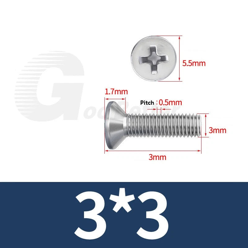 M1–M3.5 Phillips Countersunk Machine Screws – 304 Stainless Steel, Fully Threaded (3–120mm Overall Length)