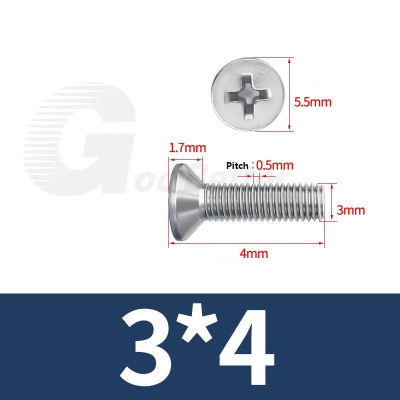 M1–M3.5 Phillips Countersunk Machine Screws – 304 Stainless Steel, Fully Threaded (3–120mm Overall Length)
