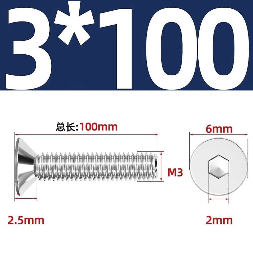 Countersunk Hex Socket Screws – A2 Stainless Steel, M2 to M16, DIN 7991, Fully Threaded