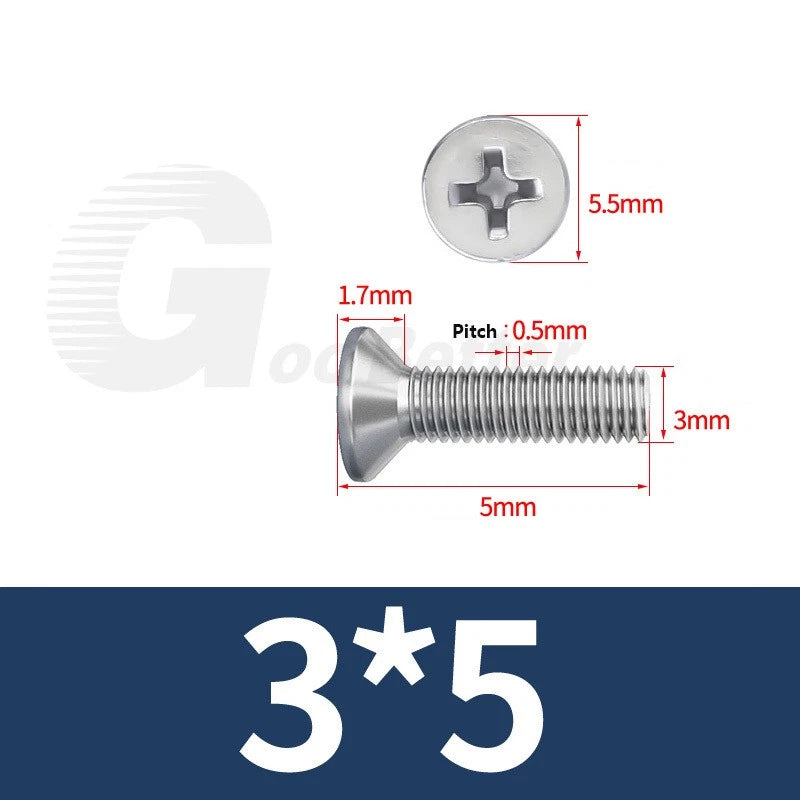 M1–M3.5 Phillips Countersunk Machine Screws – 304 Stainless Steel, Fully Threaded (3–120mm Overall Length)
