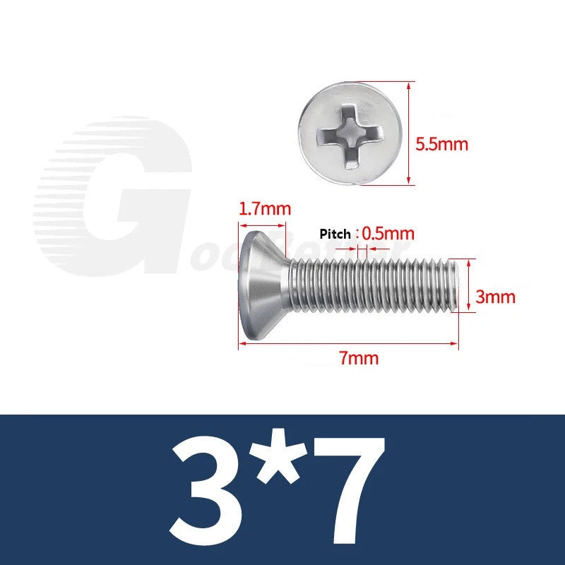 M1–M3.5 Phillips Countersunk Machine Screws – 304 Stainless Steel, Fully Threaded (3–120mm Overall Length)