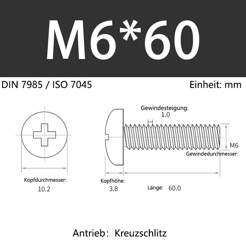 6063 Aluminium Phillips Pan Head Machine Screws DIN 7985 — M1.7 to M6 Metric