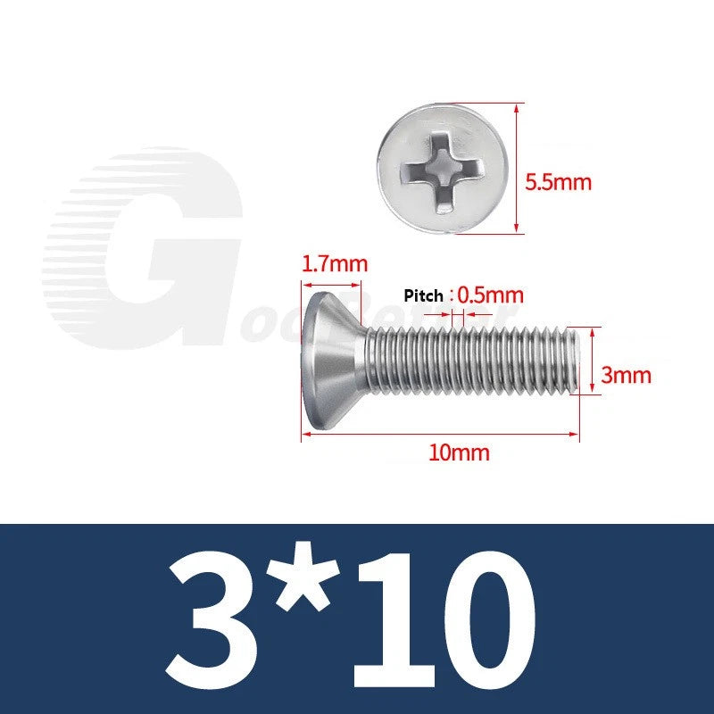 M1–M3.5 Phillips Countersunk Machine Screws – 304 Stainless Steel, Fully Threaded (3–120mm Overall Length)