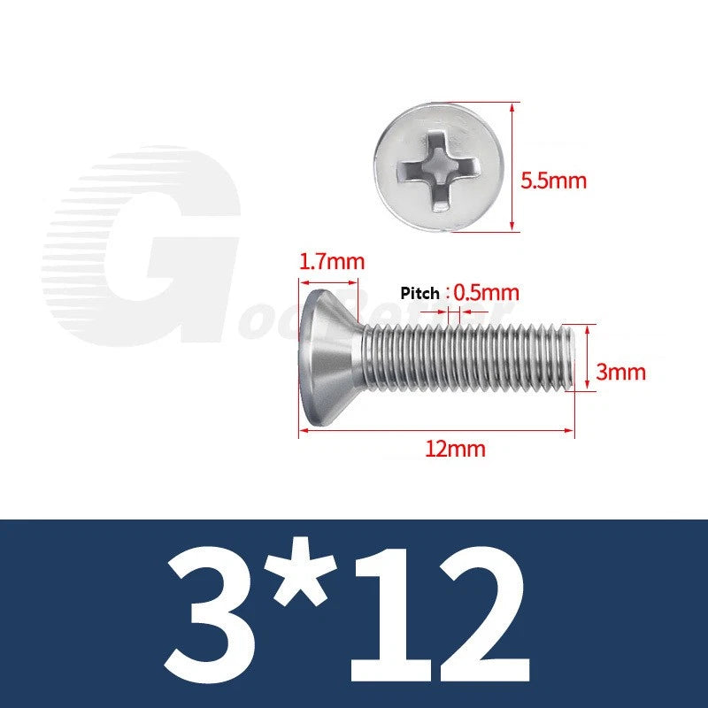M1–M3.5 Phillips Countersunk Machine Screws – 304 Stainless Steel, Fully Threaded (3–120mm Overall Length)