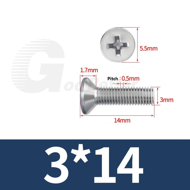 M1–M3.5 Phillips Countersunk Machine Screws – 304 Stainless Steel, Fully Threaded (3–120mm Overall Length)