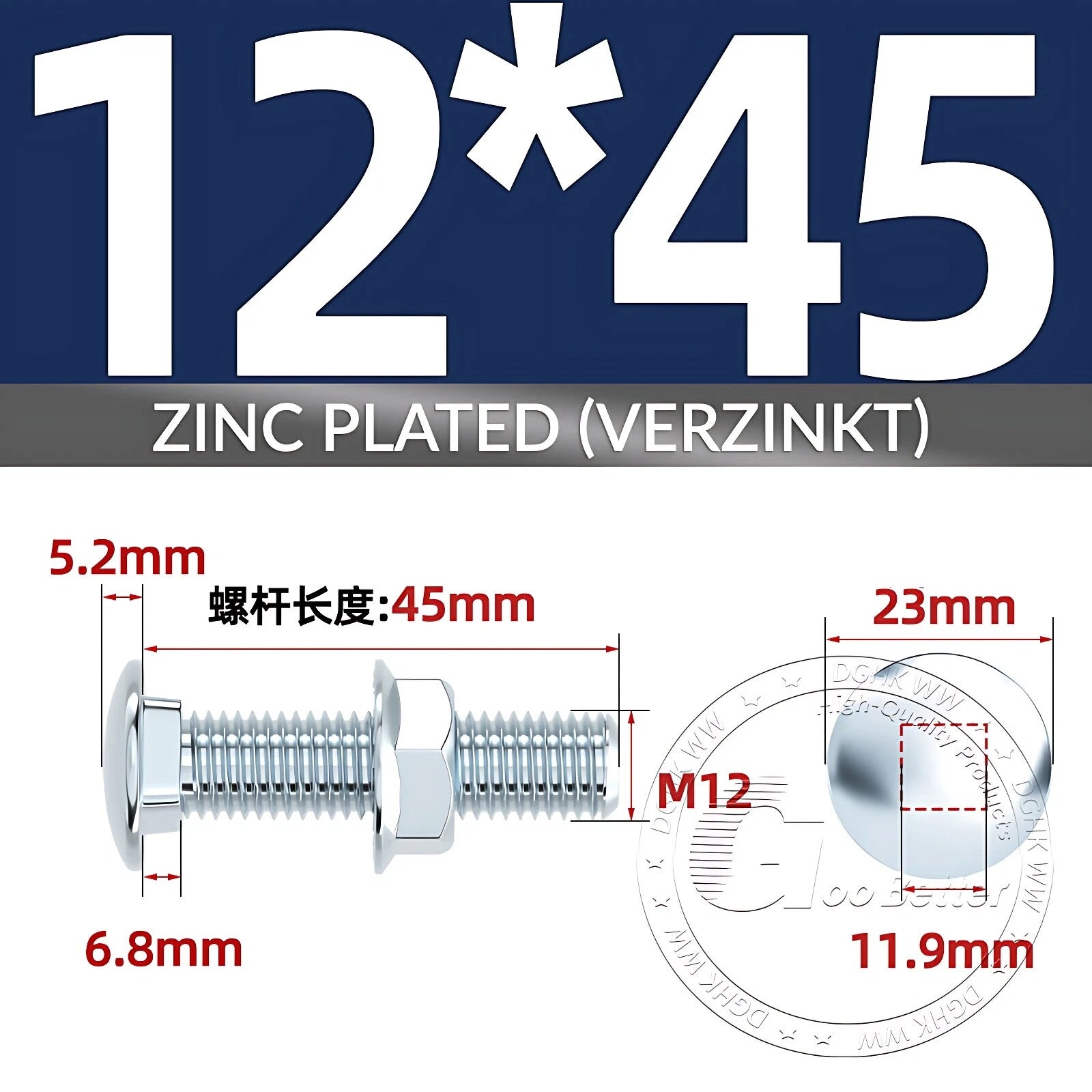Cup Square Carriage Bolts with Hex Nut — Zinc Plated, M4 to M12