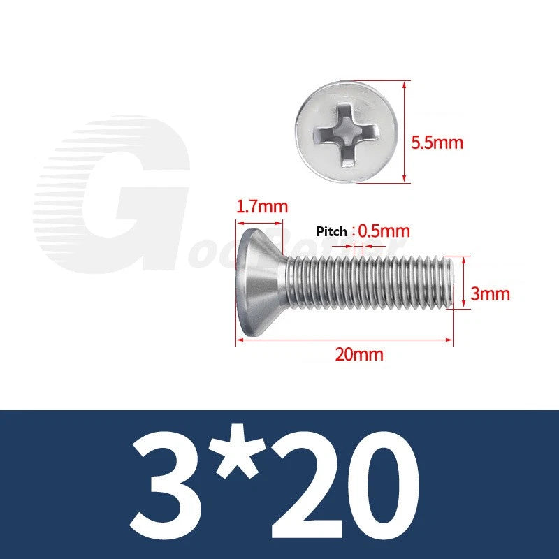 M1–M3.5 Phillips Countersunk Machine Screws – 304 Stainless Steel, Fully Threaded (3–120mm Overall Length)