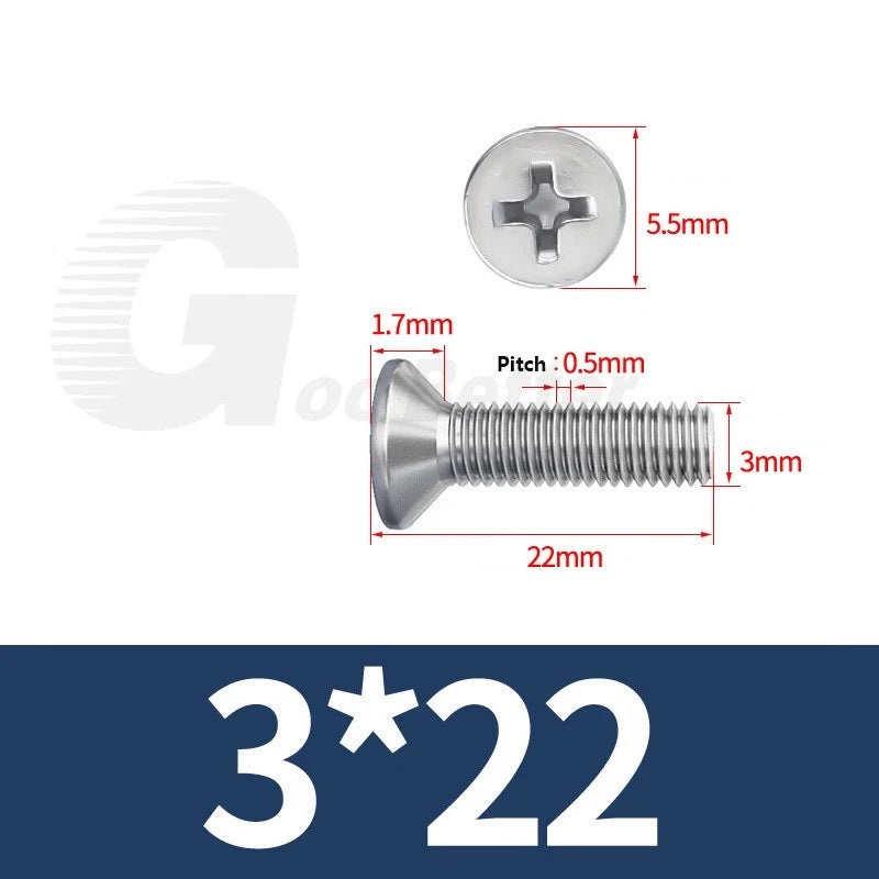 M1–M3.5 Phillips Countersunk Machine Screws – 304 Stainless Steel, Fully Threaded (3–120mm Overall Length)