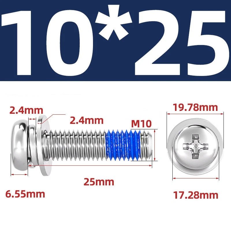 A2 Stainless Steel Phillips Pan Head Machine Screws with Flat & Spring Washers — M2 to M10 - HomeDIYer