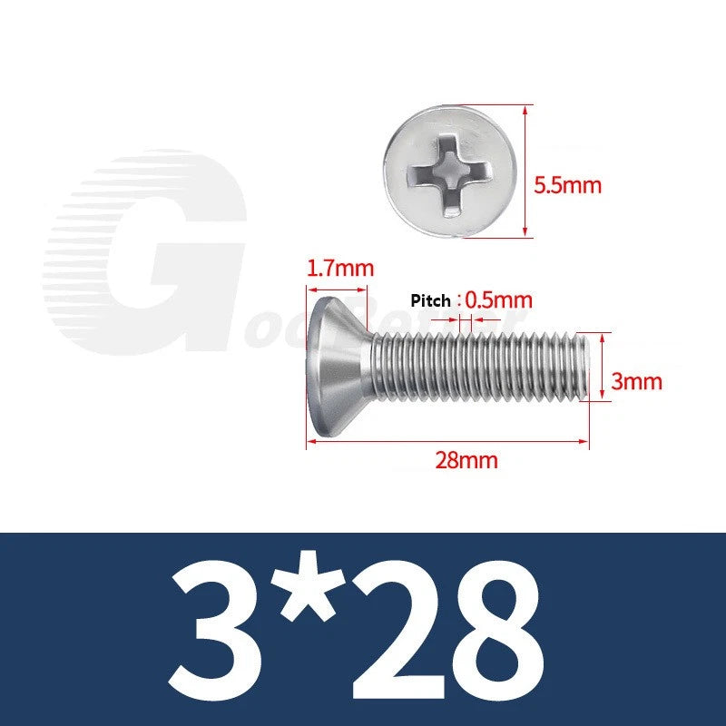 M1–M3.5 Phillips Countersunk Machine Screws – 304 Stainless Steel, Fully Threaded (3–120mm Overall Length)