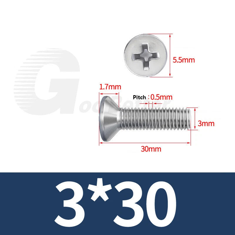 M1–M3.5 Phillips Countersunk Machine Screws – 304 Stainless Steel, Fully Threaded (3–120mm Overall Length)