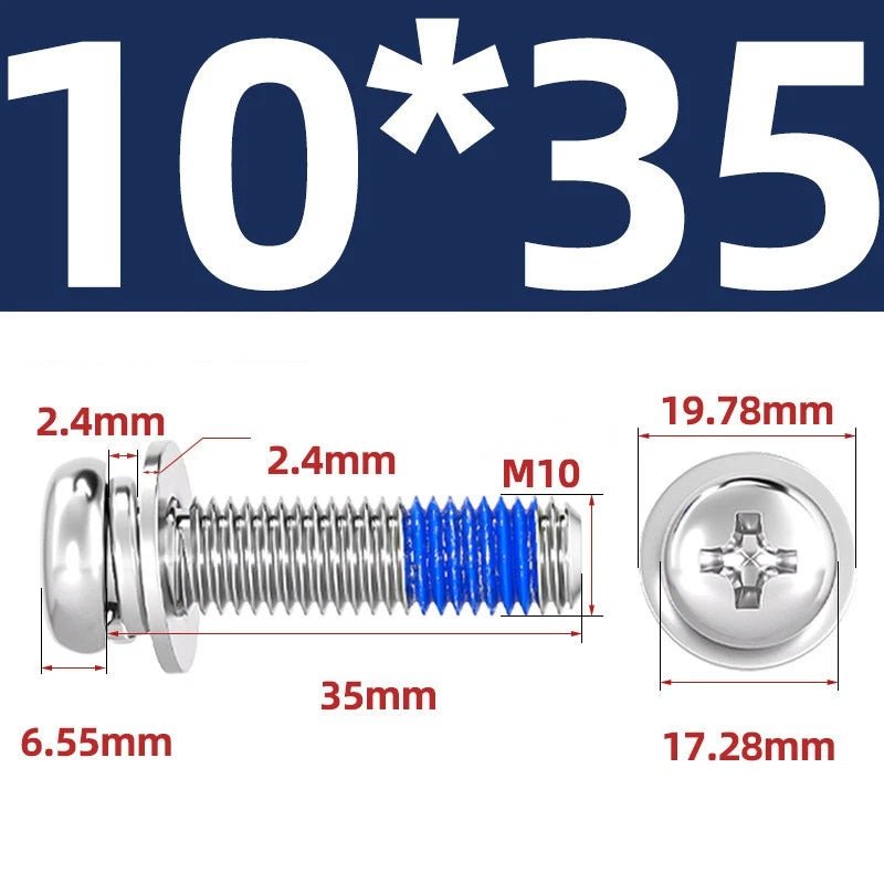 A2 Stainless Steel Phillips Pan Head Machine Screws with Flat & Spring Washers — M2 to M10 - HomeDIYer