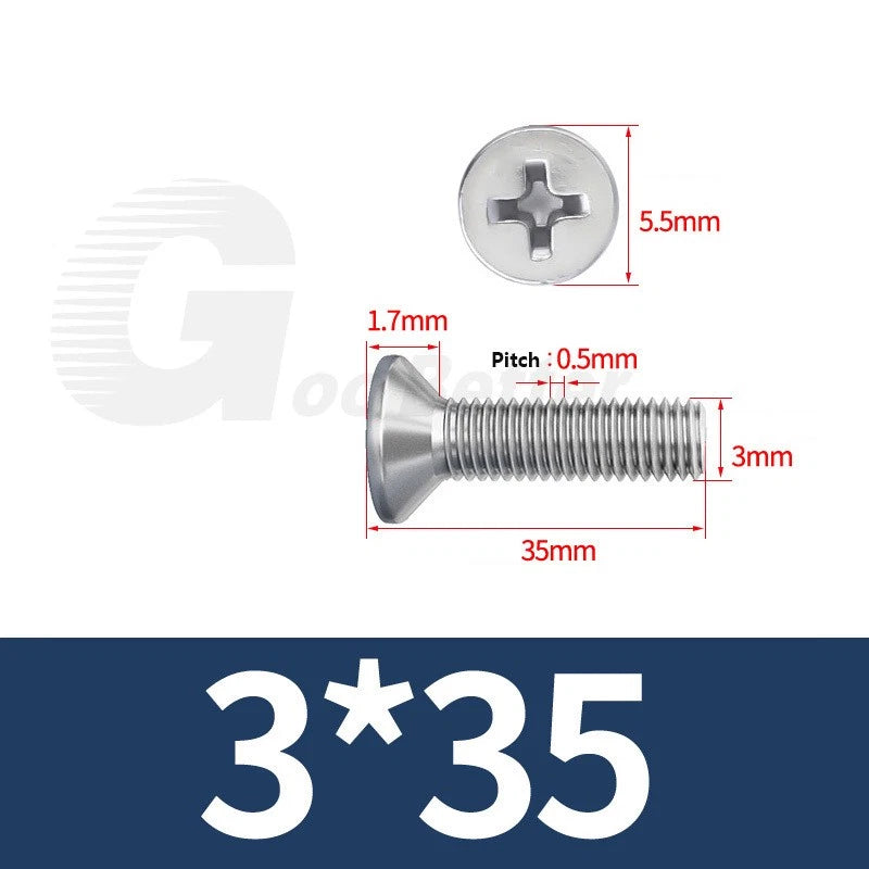 M1–M3.5 Phillips Countersunk Machine Screws – 304 Stainless Steel, Fully Threaded (3–120mm Overall Length)