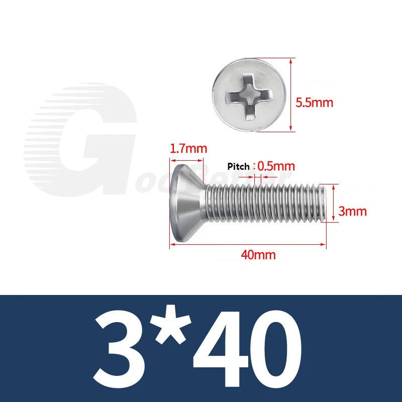 M1–M3.5 Phillips Countersunk Machine Screws – 304 Stainless Steel, Fully Threaded (3–120mm Overall Length)