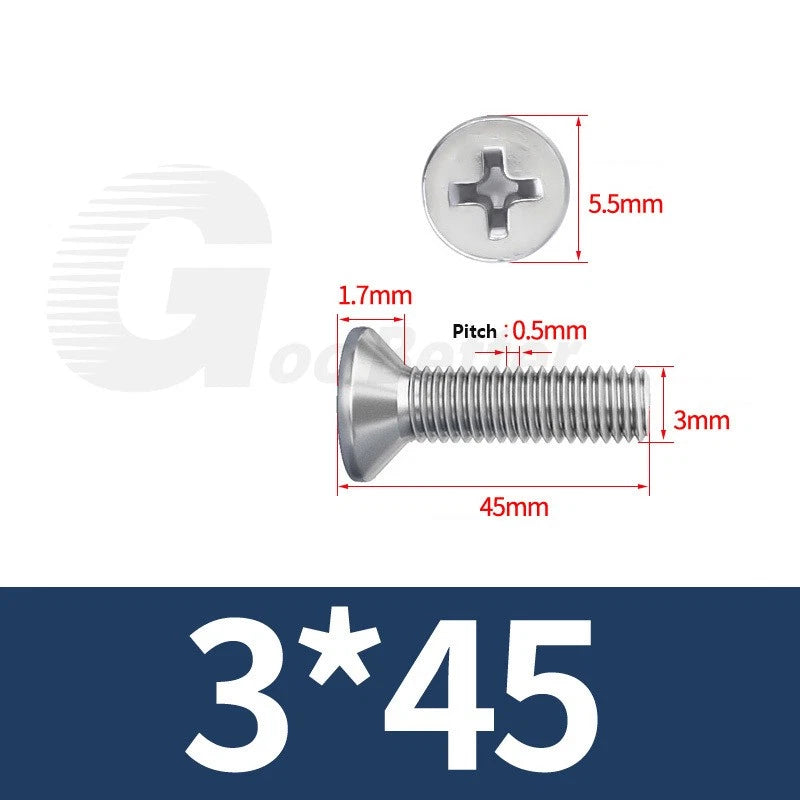 M1–M3.5 Phillips Countersunk Machine Screws – 304 Stainless Steel, Fully Threaded (3–120mm Overall Length)