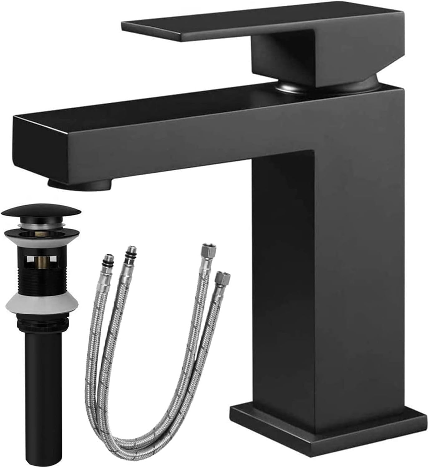 Matte Black Single Hole Bathroom Faucet – Solid Brass Square Basin Faucet with Pop-Up Drain &amp; Supply Hoses