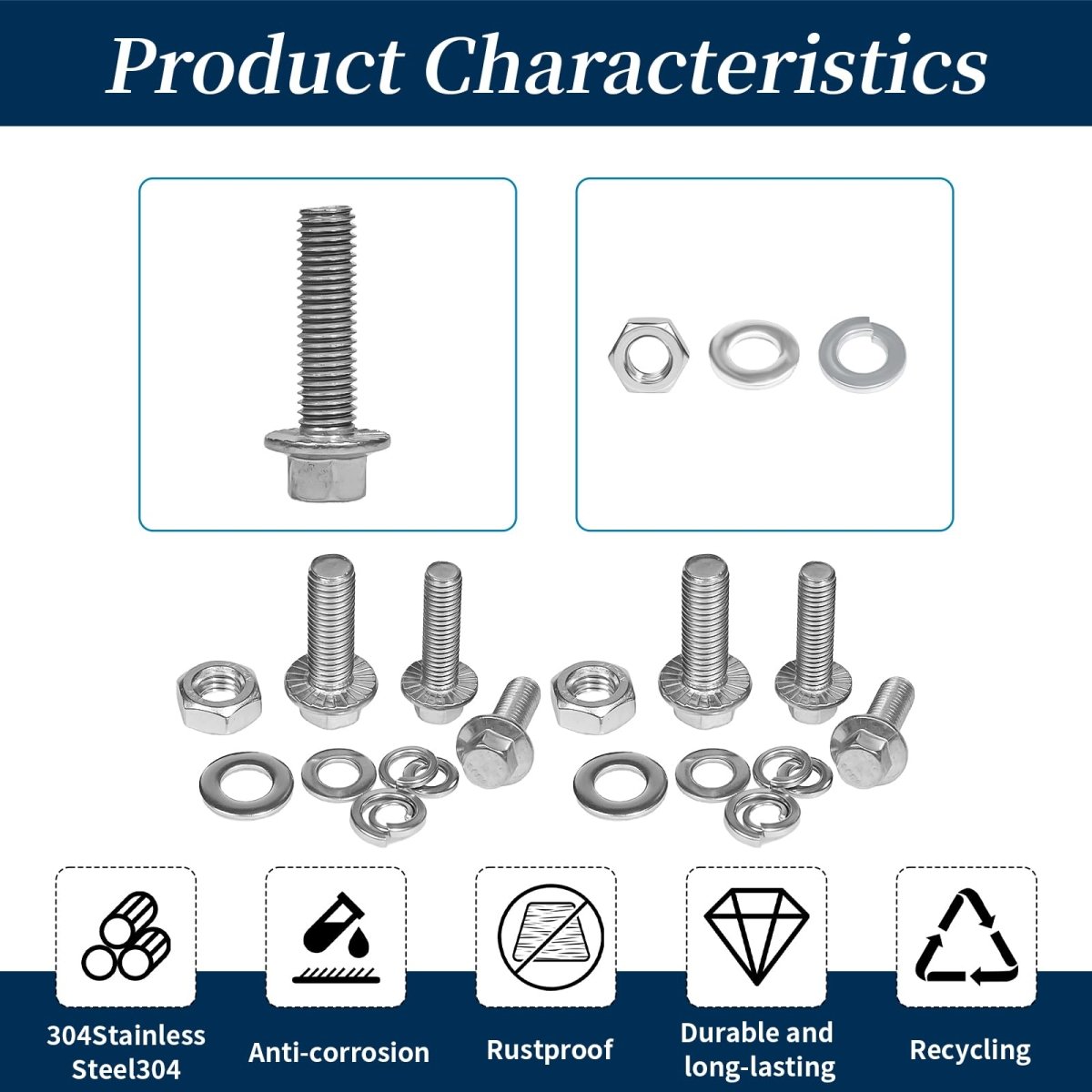 292 Pcs 304 Stainless Steel Bolts and Nuts Kit, A2 Hex Head Flange Nut and Bolt Set M6 M8 M10, with Flat and Lock Washers - HomeDIYer