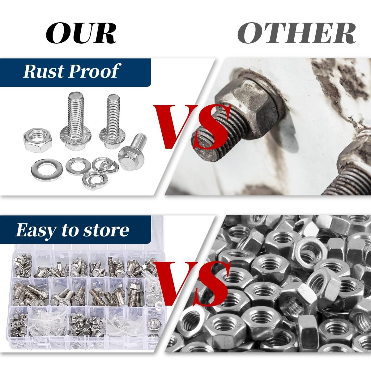 292 Pcs 304 Stainless Steel Bolts and Nuts Kit, A2 Hex Head Flange Nut and Bolt Set M6 M8 M10, with Flat and Lock Washers - HomeDIYer