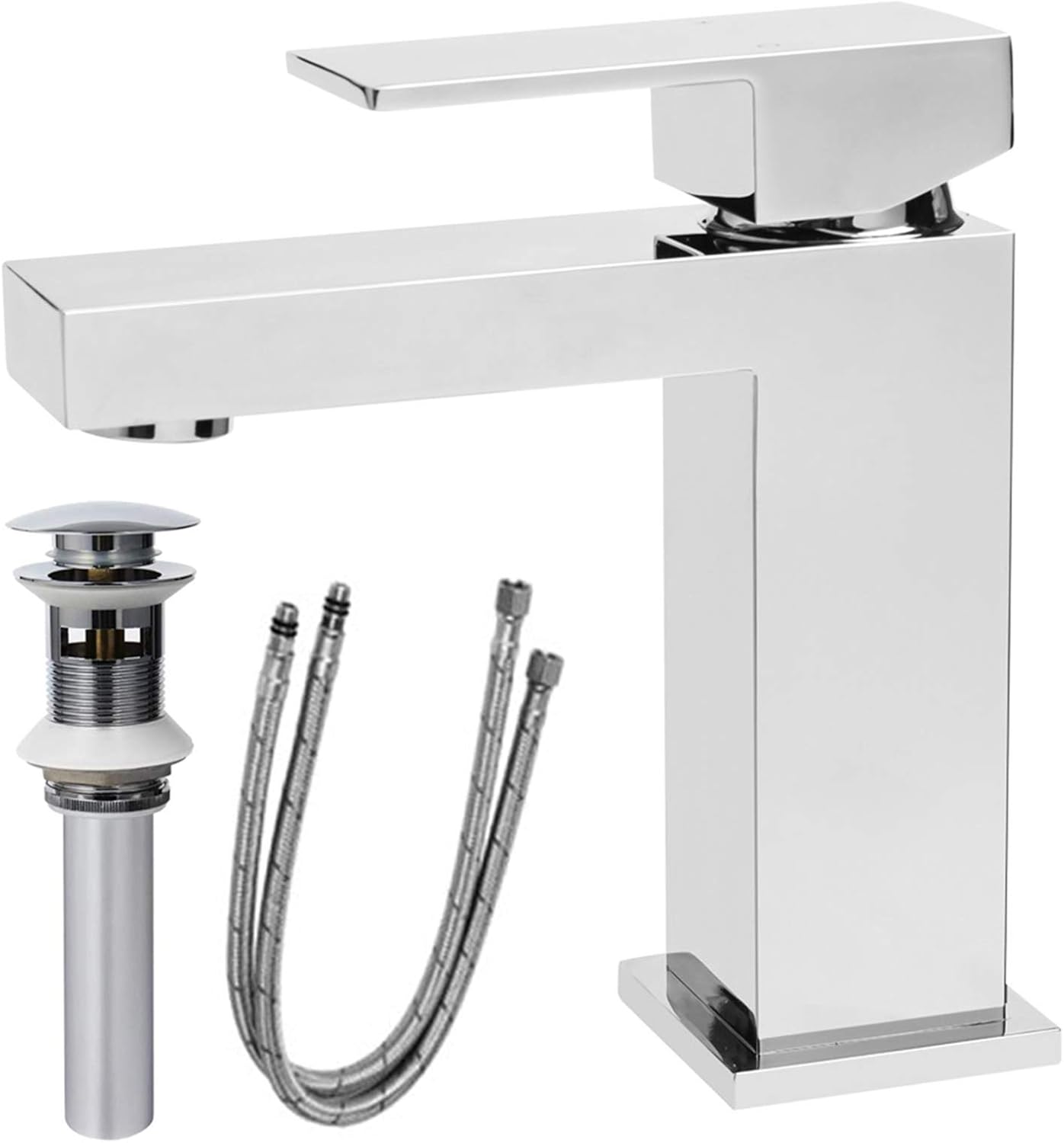  Modern Chrome Bathroom Faucet – Single Hole Solid Brass Square Basin Faucet with Pop-Up Drain
