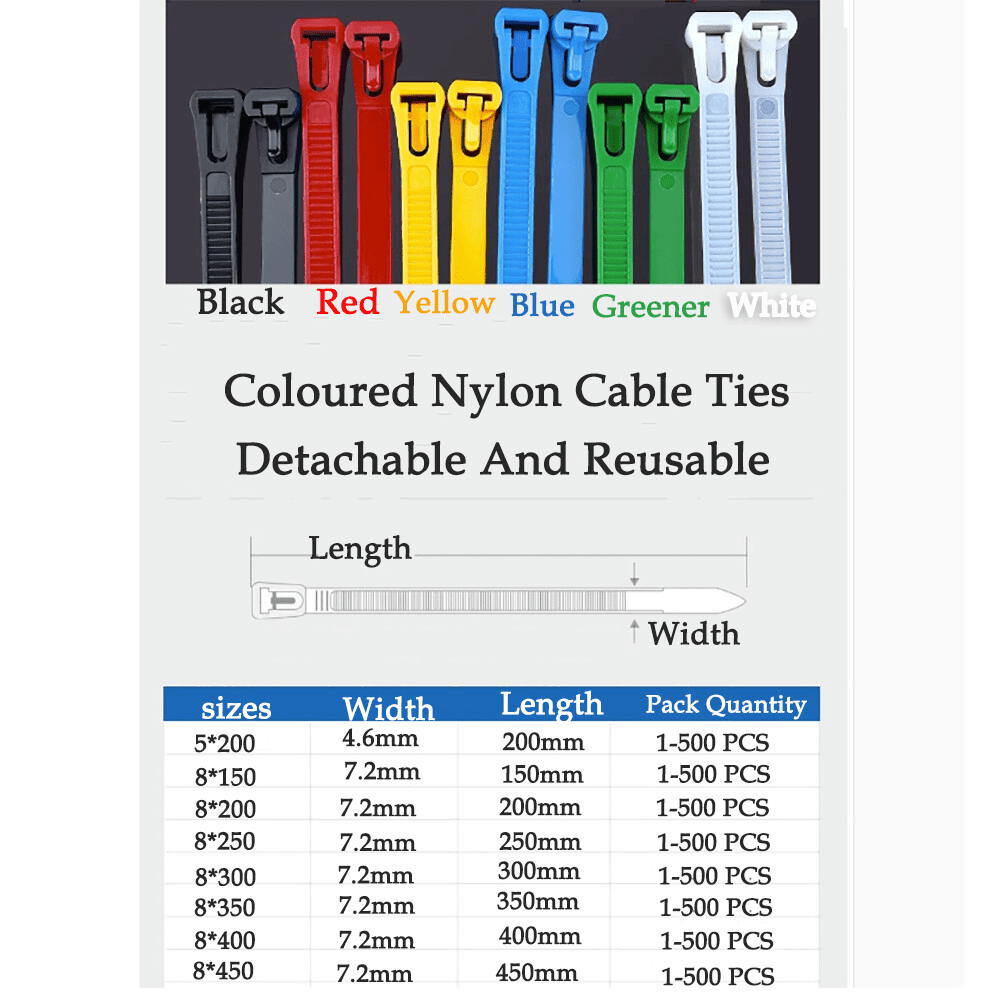 Coloured Cable Ties Detachable And Reusable Nylon Zip Ties Length 150mm To 450mm - HomeDIYer