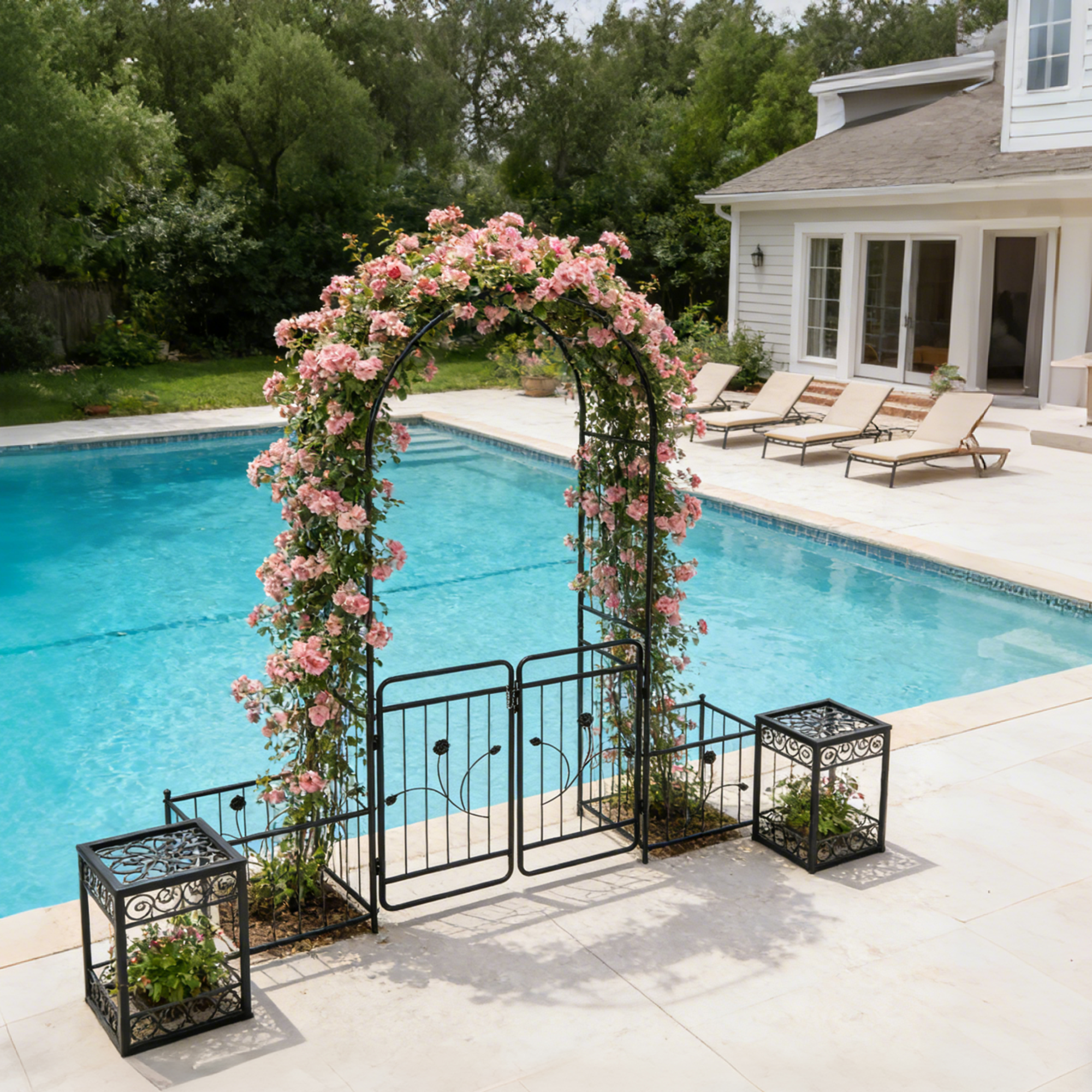 Metal Garden Arch with Gate 79.5'' Wide x 86.6'' High Climbing Plants Support Rose Arch Outdoor Black
