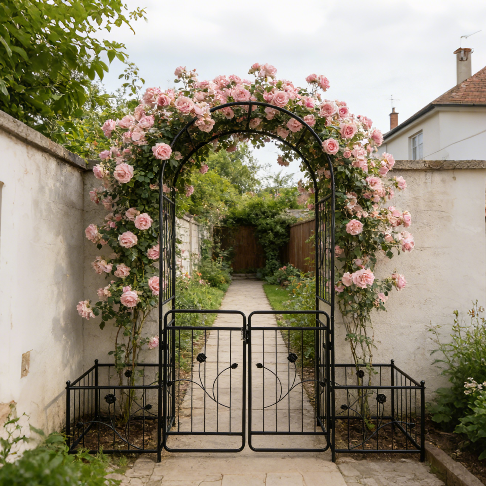 Metal Garden Arch with Gate 79.5'' Wide x 86.6'' High Climbing Plants Support Rose Arch Outdoor Black