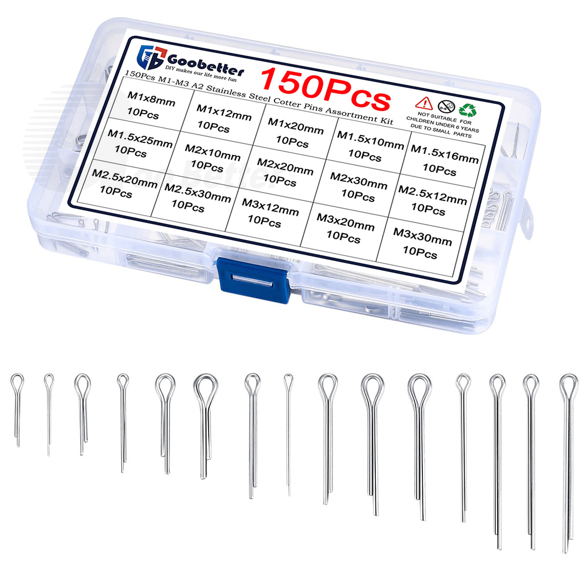 150x Cotter Pins M1 M1.5 - M3 Split Pin Fixings A2 Stainless Steel Assortment Set - HomeDIYer
