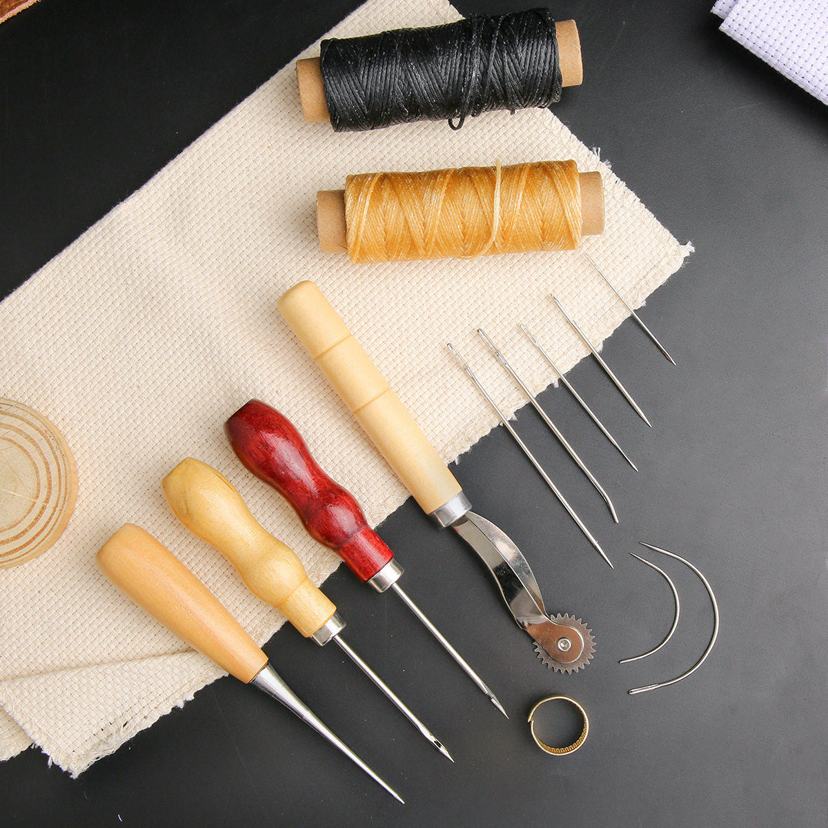 Beginner Leathercraft Tool Set – Hand Sewing Kit with Awls, Needles, Thread & Copper Rings (Airplane Box)