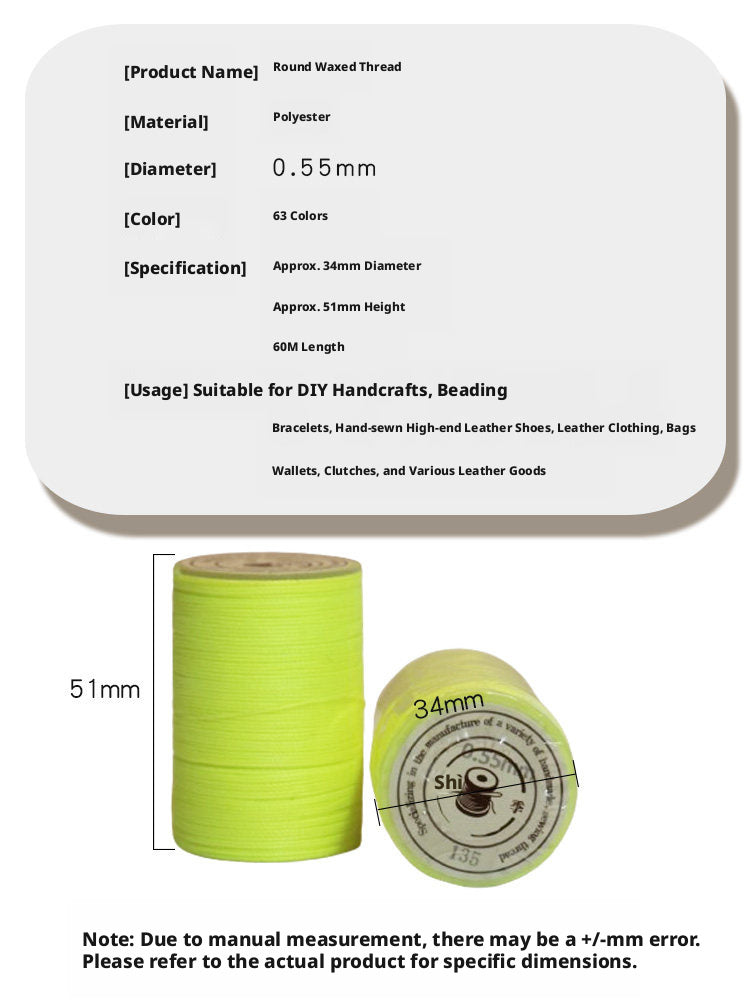 0.55mm Round Waxed Polyester Thread – 63 Colors, 60m Roll for Hand Sewing Leather, Bags, Belts