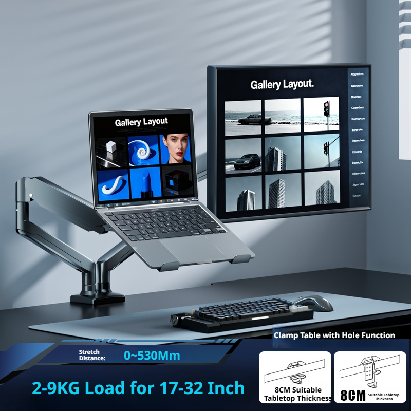 Laptop Desk Mount Arm with Tray – Gas Spring, 10–18 Inch, 3-Axis Adjustable, Clamp & Grommet Base