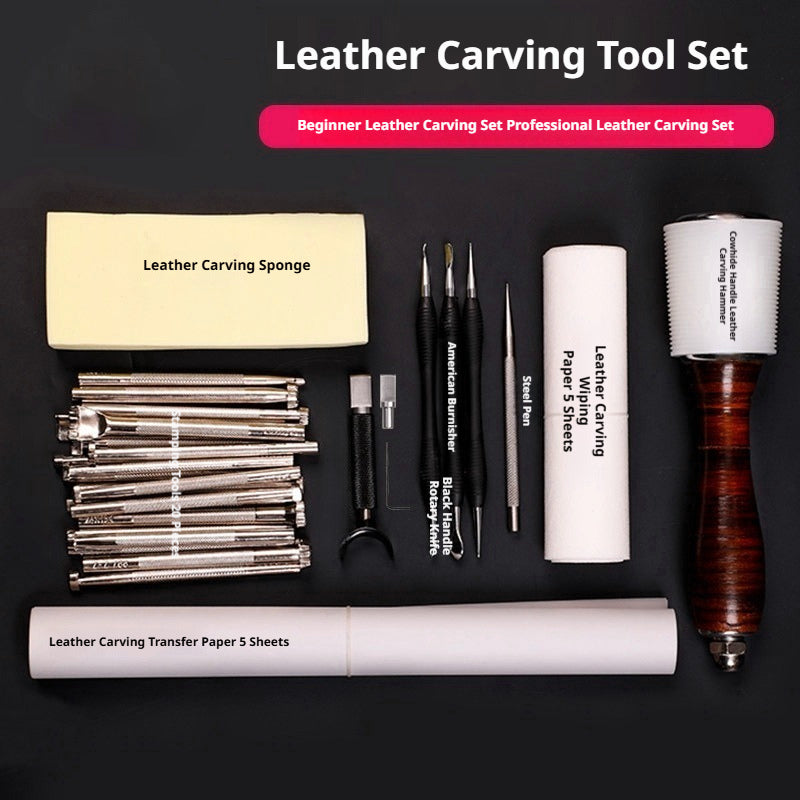 Leather Carving Tool Set – 20 Stamps + Swivel Knife + Hammer + Sponge & Transfer Paper