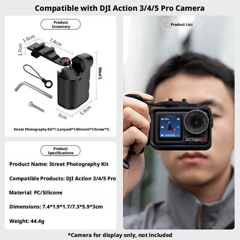DJI Action 5 Pro / 4 / 3 Street Shooting Handle Kit — Ergonomic Grip with Cage Mount & Lanyard - HomeDIYer