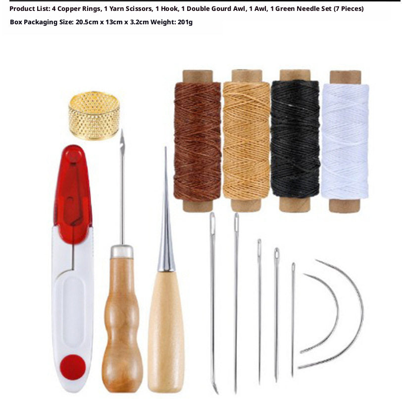 Beginner Leathercraft Tool Set – Hand Sewing Kit with Awls, Needles, Thread & Copper Rings (Airplane Box)