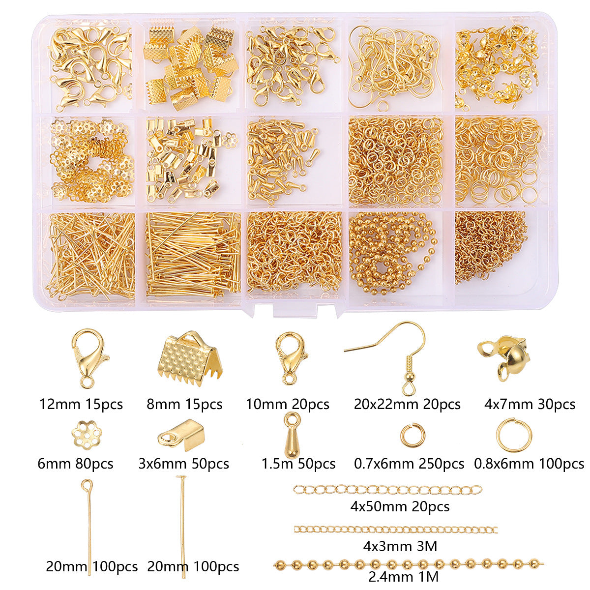 DIY Bracelet & Necklace Jewelry Findings Set – 15-Slot Box, Clasps & Jump Rings