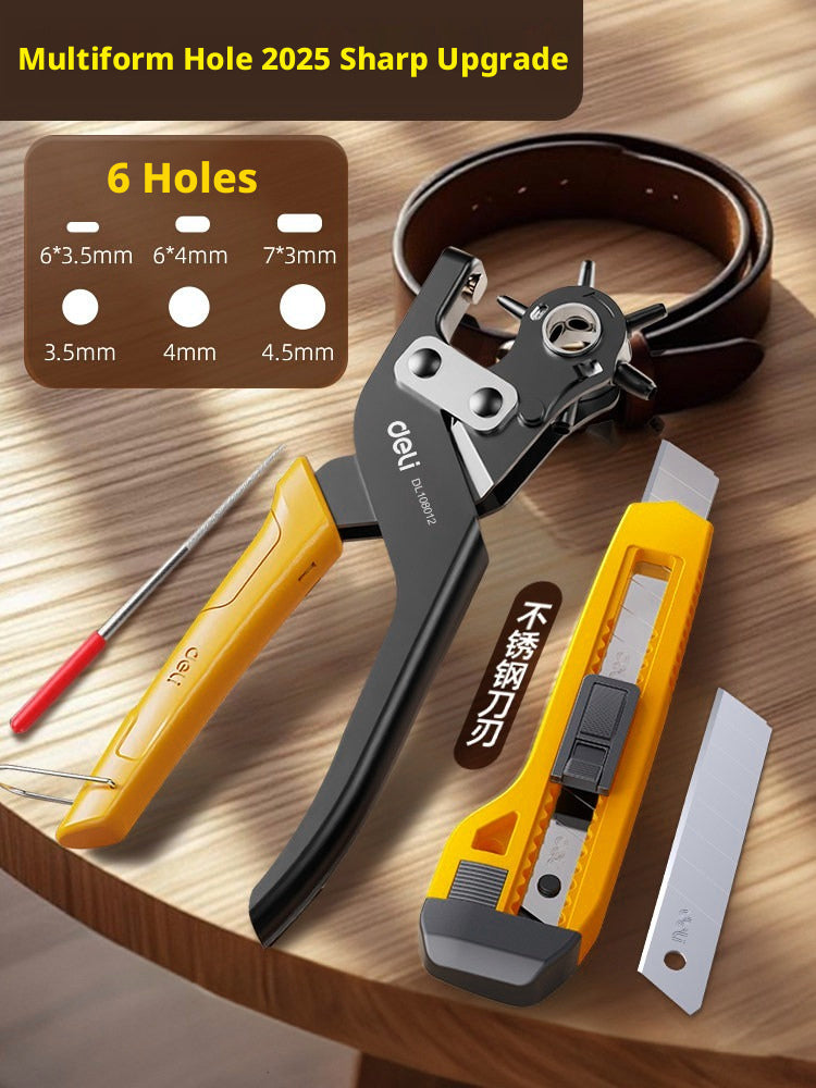 Deli Belt Punch Pliers – Labor‑Saving 6‑Size Rotary Hole Punch for Leather, Belts, Watch Straps