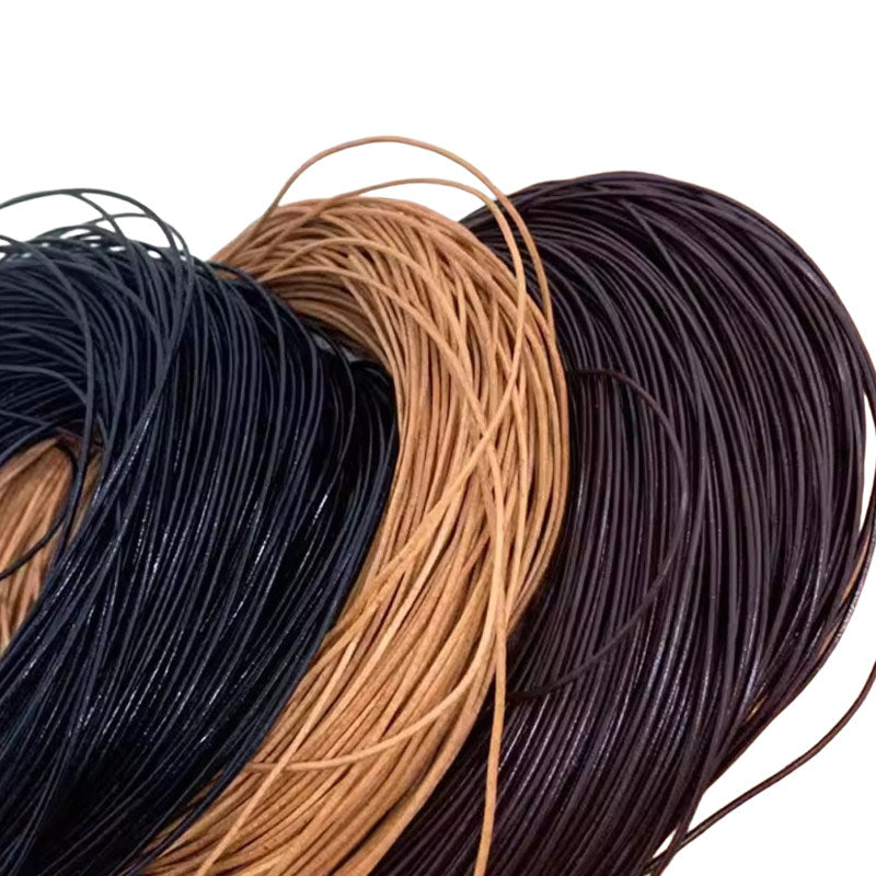 Round Cowhide Rope – 1‑6mm Genuine Leather Cord for Jewelry, Lacing & DIY (Natural / Dark Coffee / Black)