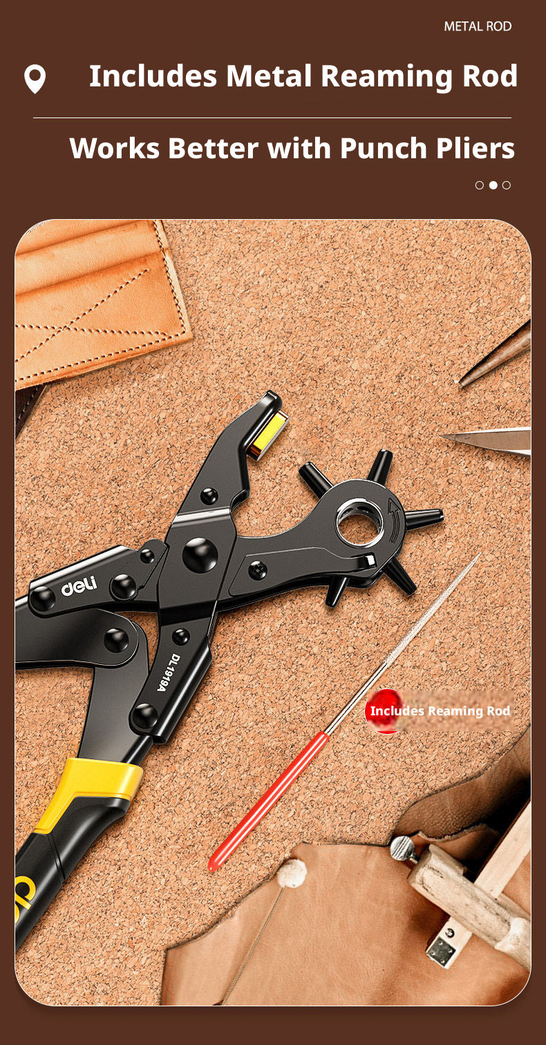 Deli Belt Punch Pliers – Labor‑Saving 6‑Size Rotary Hole Punch for Leather, Belts, Watch Straps