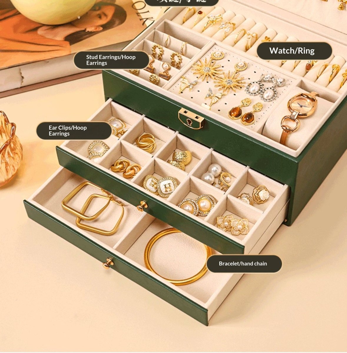 Medieval - Style Large Capacity Jewelry Box – 3 Layers, Lock, Watch Pillow - HomeDIYer