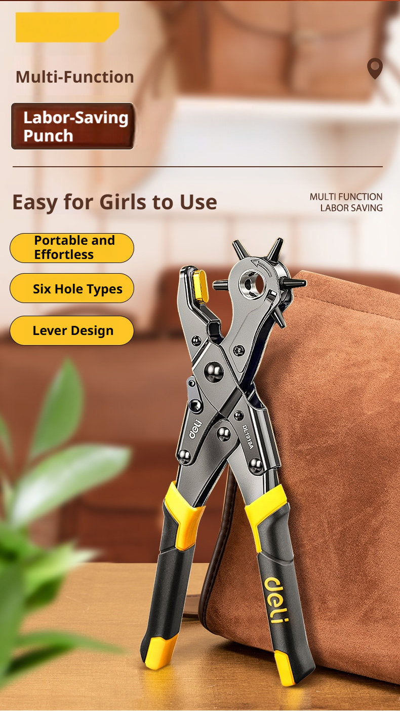 Deli Belt Punch Pliers – Labor‑Saving 6‑Size Rotary Hole Punch for Leather, Belts, Watch Straps
