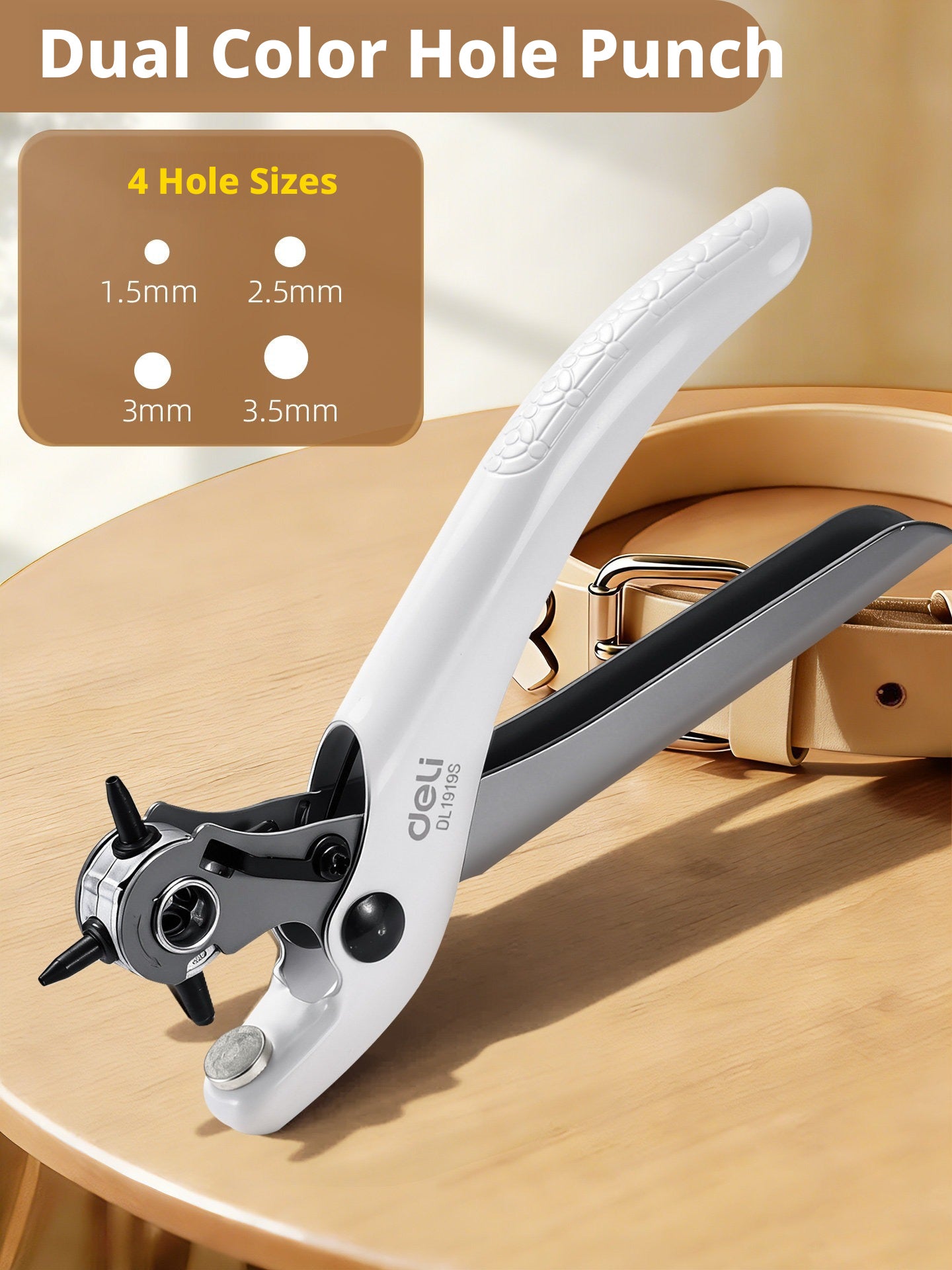 Deli Belt Punch Pliers – Labor‑Saving 6‑Size Rotary Hole Punch for Leather, Belts, Watch Straps