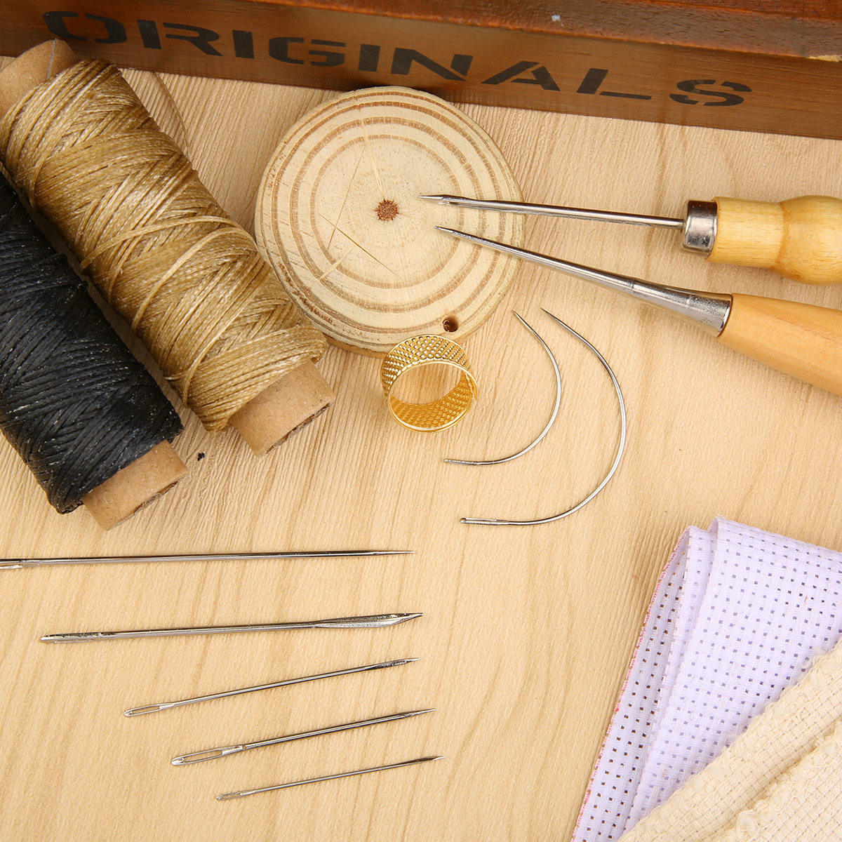 Beginner Leathercraft Tool Set – Hand Sewing Kit with Awls, Needles, Thread & Copper Rings (Airplane Box)