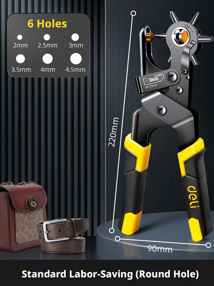 Deli Belt Punch Pliers – Labor‑Saving 6‑Size Rotary Hole Punch for Leather, Belts, Watch Straps