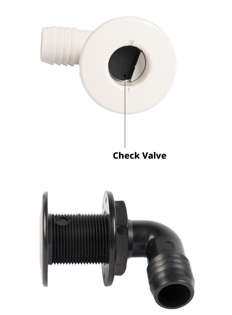 90° Marine Thru-Hull Drain Fitting with Check Valve — Bilge & Waste Water Elbow Outlet