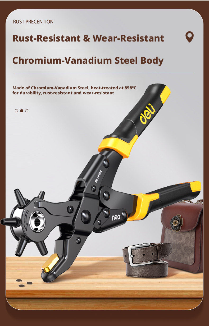 Deli Belt Punch Pliers – Labor‑Saving 6‑Size Rotary Hole Punch for Leather, Belts, Watch Straps