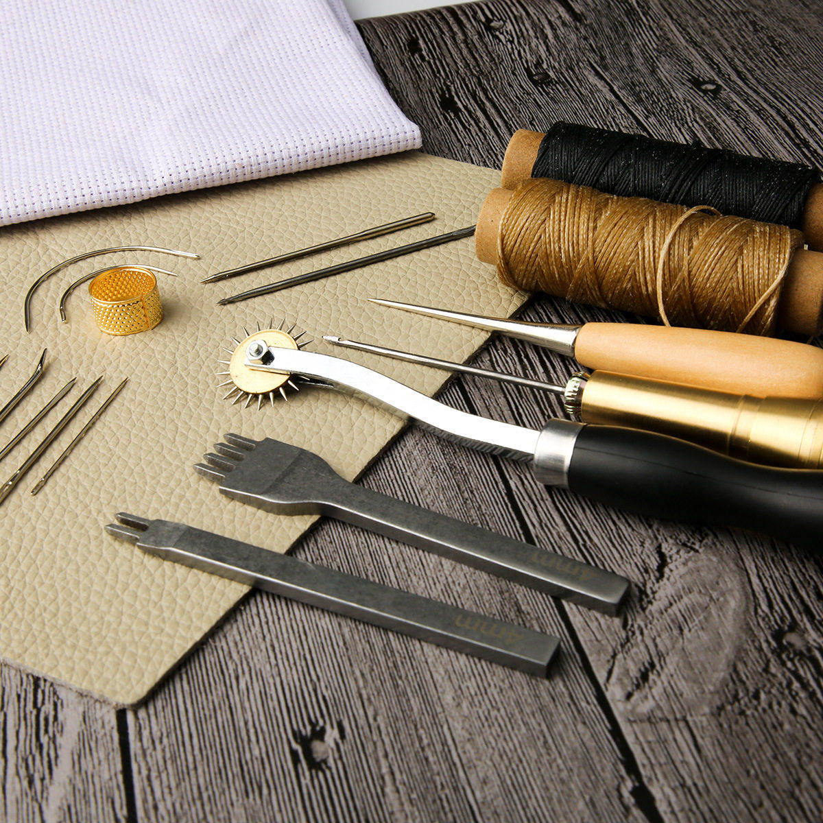 Beginner Leathercraft Tool Set – Hand Sewing Kit with Awls, Needles, Thread & Copper Rings (Airplane Box)