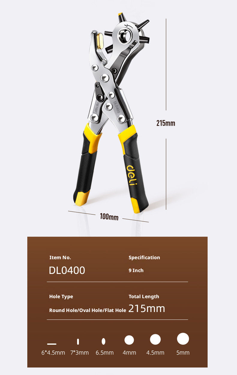 Deli Belt Punch Pliers – Labor‑Saving 6‑Size Rotary Hole Punch for Leather, Belts, Watch Straps