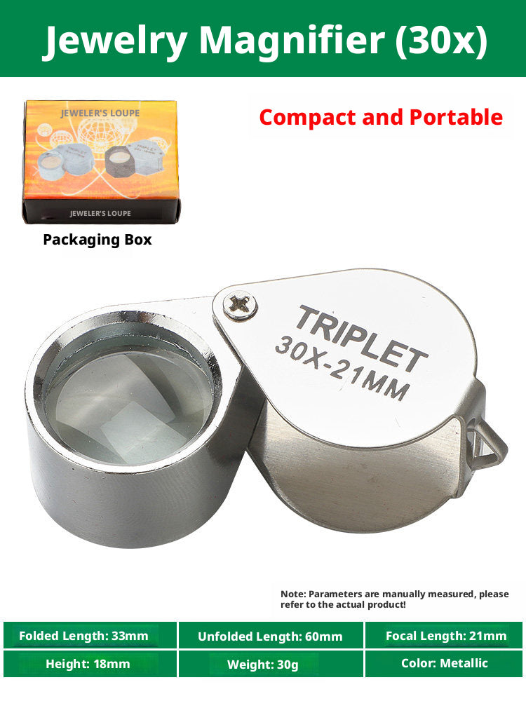 10x/20x/30x Foldable Jewelry Loupe – Triplet Lens, Metal Body